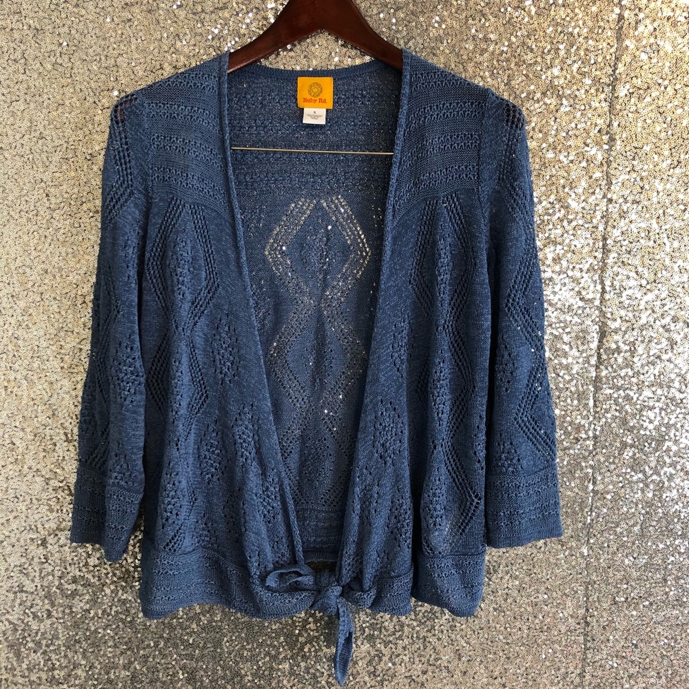 Ruby Rd. Blue Crochet Tie-Up Cardigan—Size S